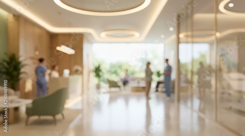 Blurred interior view of a contemporary medical clinic lobby with staff members and patients. Soft focus highlights the bright architectural design and warm ambient lighting.