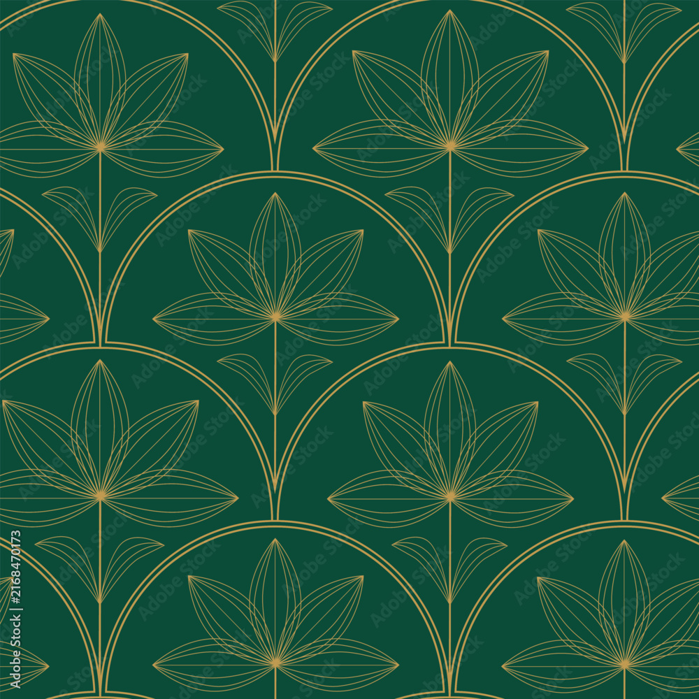 Fototapeta premium Art Deco Outline lotus flowers on fan shapes seamless pattern over emerald green. For wallpaper, home décor and wedding invitations