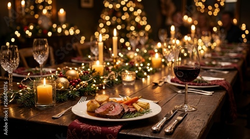 Beautifully set long table with many candles for a festive Christmas dinner in a cozy location.