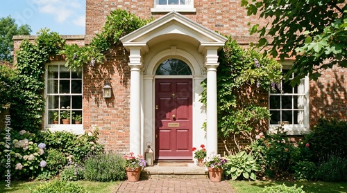 Charming maroon front door of red brick house with classical white portico, climbing ivy, lush garden flowers, potted plants, and warm sunlight casting shadows on the facade