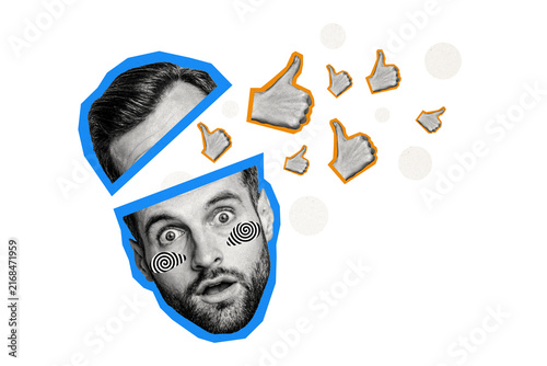 Composite photo collage of astonished man cut head receive pile thumb up popular blogging concept like isolated on painted background