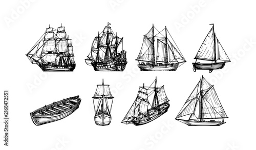 Foto Historical Ship and Boat Sea Transportation Hand Drawn Vector Sketch Set