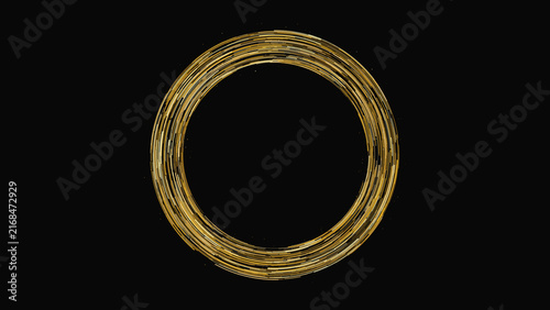 A circular frame made of thin, overlapping golden lines forming a ring shape against a solid black background for