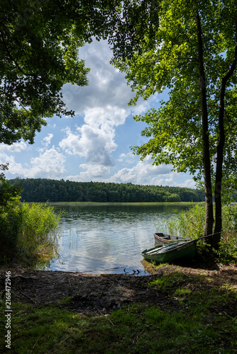 Two wooden rowboats resting in a quiet forested lakeside cove framed by leafy trees and reeds under a partly cloudy summer sky.