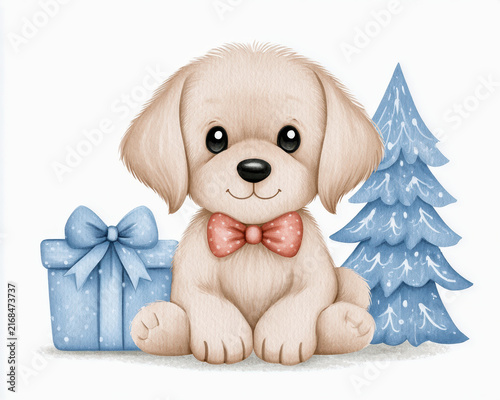 Cute golden retriever puppy with red bow tie sits happily next to blue gift box and decorated blue Christmas tree