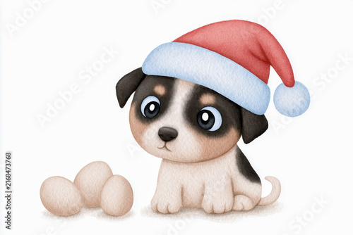 Cute small puppy wearing red Santa hat sitting next to three eggs, adorable holiday pet illustration with soft texture and big eyes