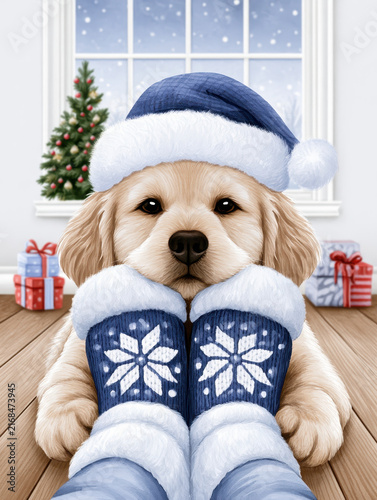 Golden retriever puppy wearing blue winter hat and mittens with snowflake pattern, cozy holiday scene with Christmas tree and gifts inside home