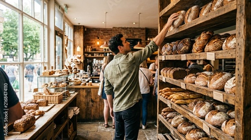 Customer in casual shirt reaches for rustic sourdough loaves on tall wooden bread shelves inside warm sunlit artisan bakery with brick walls and glass display counter