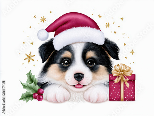 Christmas dog with Santa hat and gift box, cute Australian Shepherd puppy with holly leaves and berries, festive holiday decoration