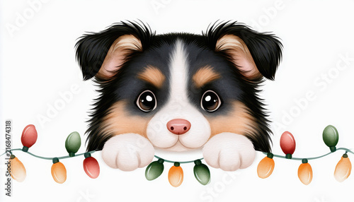 Cute puppy with big eyes holding colorful Christmas lights, festive holiday decoration with joyful and playful mood