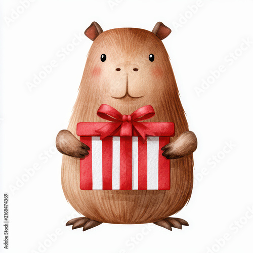 Cute capybara holding red gift box with bow, hand drawn texture style illustration with happy expression