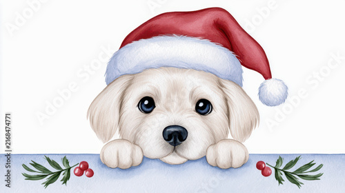 Curious dog in Santa hat with red berries and green leaves, hand drawn texture, festive Christmas illustration with cute puppy expression