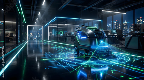 Advanced intelligent cleaning robot modern office with projected laser scanning, futuristic automation, neon glowing accents, reflective surfaces, cinematic sci-fi 3d illustration