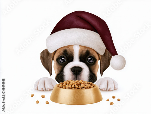 Cute boxer dog wearing red Santa hat looking at food bowl with kibble, festive holiday pet concept with playful expression