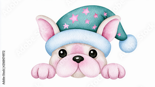 Cute dog puppy face with big eyes wearing blue and green starry winter hat, hand drawn watercolor illustration with soft texture and pastel colors