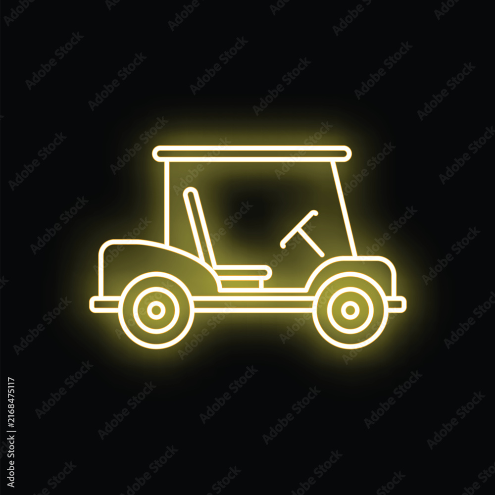 Fototapeta premium Golf cart line icon glowing with yellow neon light on a dark background