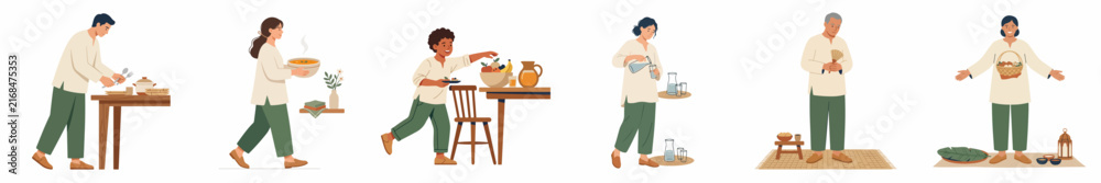 Fototapeta premium Collection of flat vector illustrations featuring diverse people of different ages performing daily domestic activities and household chores in a minimalist style.