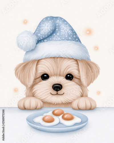 Cute dog with fluffy fur wearing blue winter hat with snowflake pattern looking at plate of three fried eggs with warm glowing lights