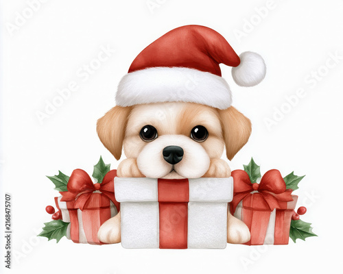 Cute puppy with Santa hat and Christmas gift boxes, festive holiday scene with red ribbons and holly leaves, joyful and warm