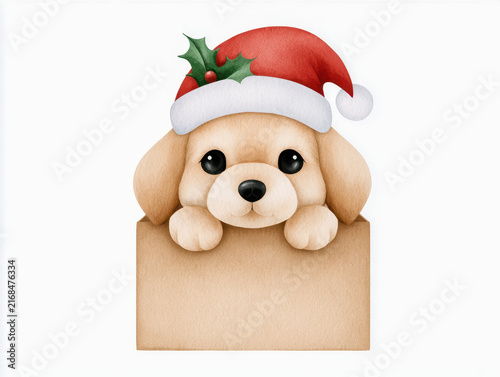 Cute dog with Santa Claus hat and holly leaves holding blank paper for Christmas greeting card or message