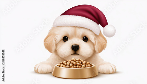 Cute puppy wearing red Santa hat with fluffy white trim looking at bowl of dog food with big eyes