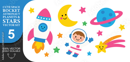 Cute outer space collection featuring colorful rocket ship smiling yellow crescent moon happy little astronaut planets and shining stars for nursery wall art.