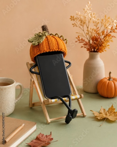 Autumn still life with blank smartphone on pumpkin deck chair