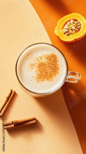 A vibrant pumpkin spice latte with thick foam sits on a terracotta and ivory backdrop. Surrounded by cinnamon sticks and nutmeg, it radiates cozy autumn vibes.