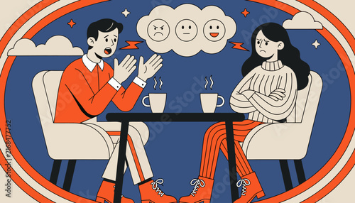 Couple arguing at cafe table, with emotional feedback thoughts above heads. Frustrated communication concept, illustrating conflict and misunderstanding.