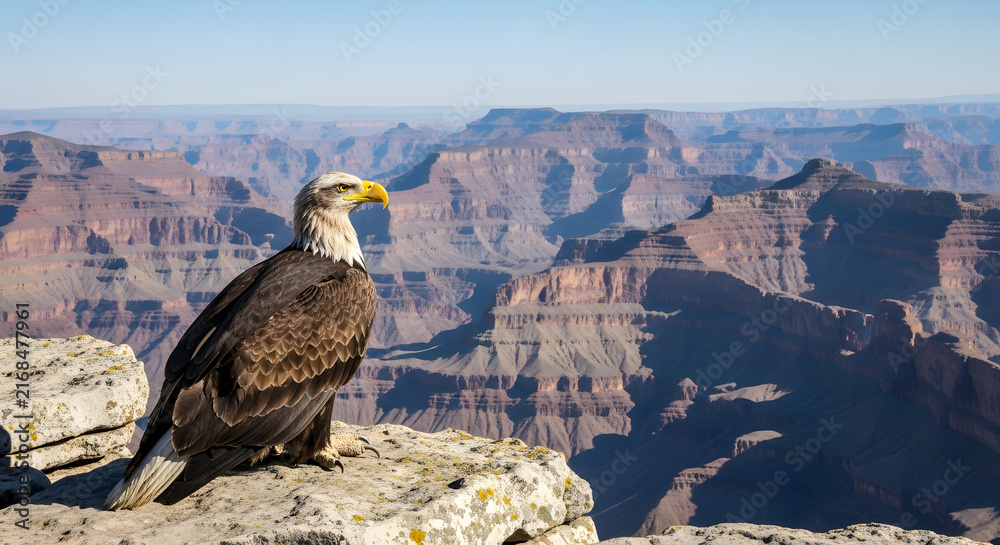 Fototapeta premium Majestic bald eagle perched on rocky cliff edge.