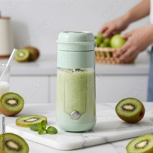 Still life of a portable blender and sliced fruit on a marble board.