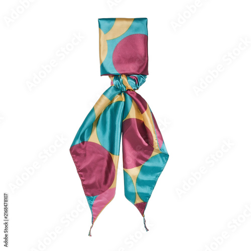 Colorful Silk Scarf with Abstract Circles Pattern Tied in a Knot.