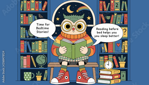 Cute Owl Reading Bookshelf at Night - Bedtime Story & Reading Concept