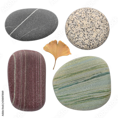 Collection of four smooth patterned stones and a Ginkgo leaf.