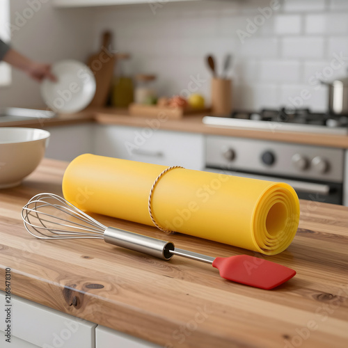 Still life of a rolled silicone baking mat and a whisk on a wooden counter.