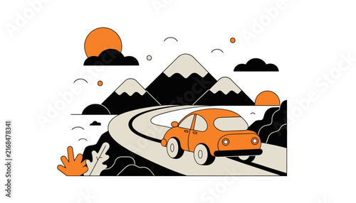 Orange Car Driving on Winding Road Through Mountains and Sun, Minimalist Vector Illustration