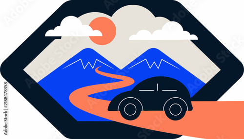 Scenic Road Trip Vector Illustration: Car driving through mountains on a sunny day, stylized badge design