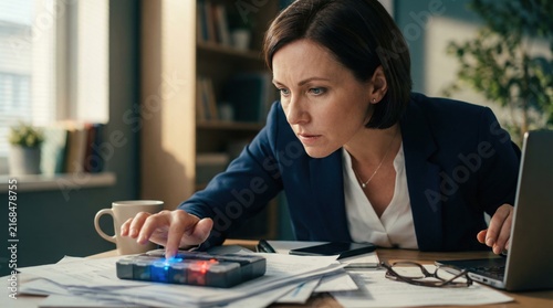 A woman sits at a desk covered with papers and uses a device while focusing on her task in a brightly lit office