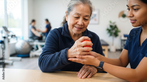 Physical therapy senior patient hand exercise physiotherapist rehabilitation grip strength stress ball clinic healthcare asian elderly