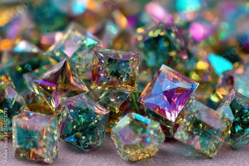 Small crystals with various shapes and vibrant colors are spread out on a surface in a well-lit area, creating a shimmering effect