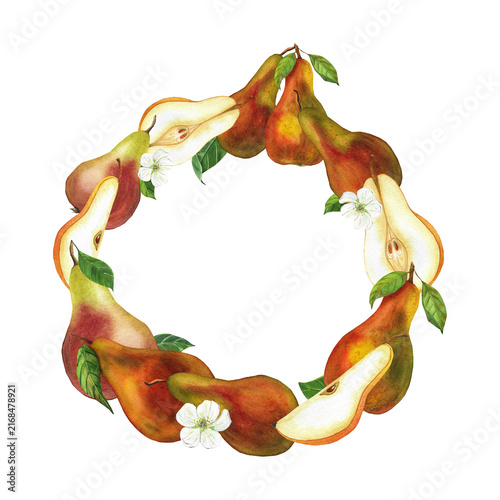 A watercolor wreath with pears, an illustration for packaging, design, tableware, invitations, and textiles