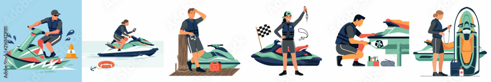 Naklejka premium Flat vector illustrations depicting various jet ski activities including racing, leisure riding, dockside relaxing, maintenance, and water sports preparation.