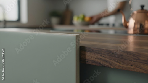 Extreme close-up of the porous edge of a matte ceramic tile meeting a wooden countertop.