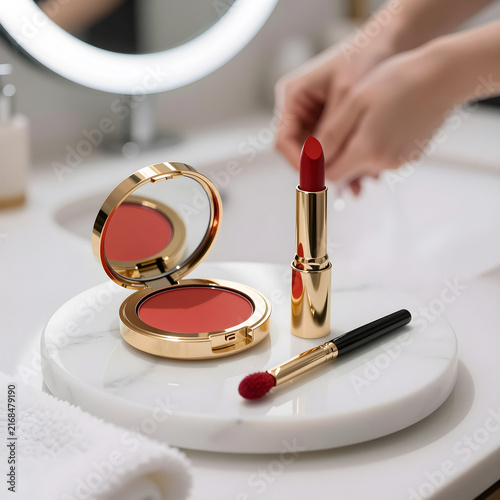 Still-life of a lipstick compact and brush on a marble tray.