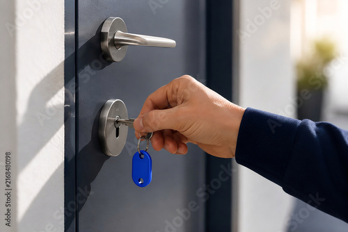 Hand Turning Key in Apartment Door Lock with Blue Key Tag