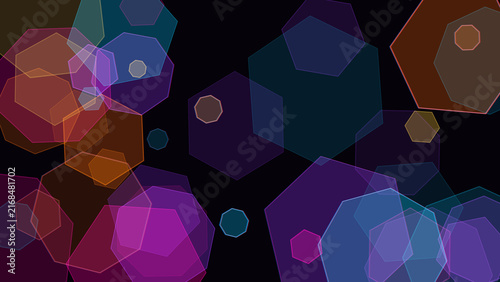 Abstract background, with overlapping translucent, colorful heptagons, glowing, geometric shapes in, blue purple and, orange on a, dark black backdrop