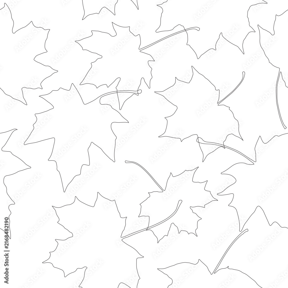 Fototapeta premium Seamless Black and White Maple Leaf Outline Pattern on White Background, Vector