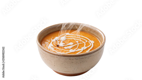 Hot delicious pumpkin soup bowl for dinner isolated on transparent background.