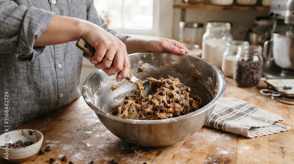 Fototapeta premium Person mixing chocolate chip cookie dough in a bowl indoors