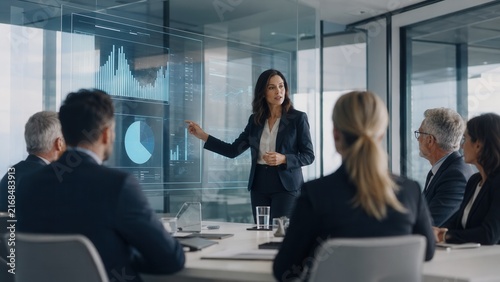 Business executive presenting financial analytics dashboard during corporate strategy meeting in conference room
